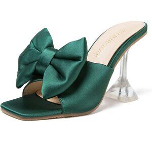 Women's Bow High Heels Mules Dress Sandals Slip On Party Wedding Bridal Green